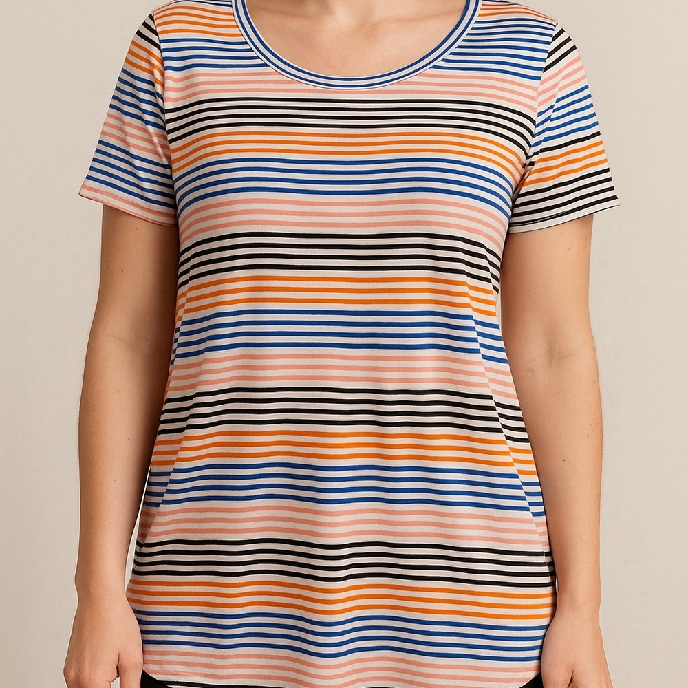LuLaRoe Olive Top – Size M Orange Blue Black Stripes